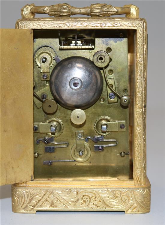 A 19th century French gilt brass alarum carriage clock, H.5.5in.